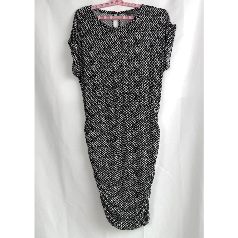 Vince Camuto Women Cap Sleeve black White Printed Sheath Dress Ruched Elegant L